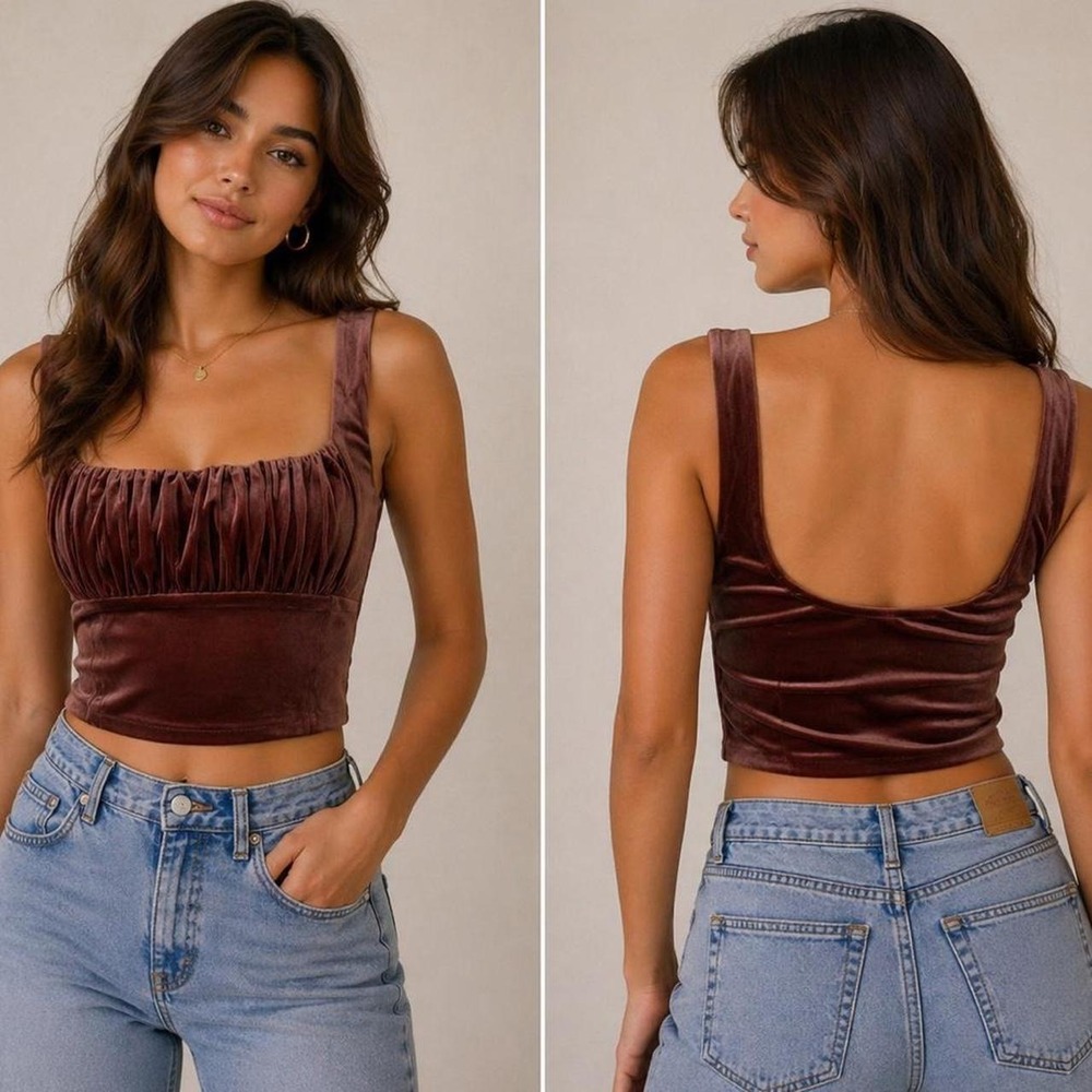 Velvet Ruched Crop Top – Brown/Copper 🤎✨